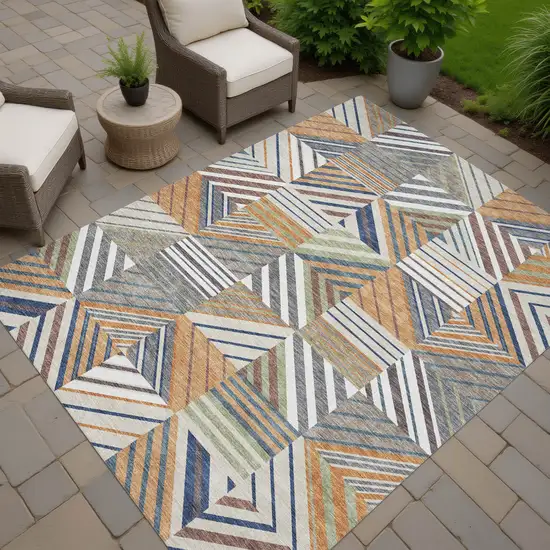 Copper Ivory And Blue Patchwork Washable Indoor Outdoor Area Rug Photo 7