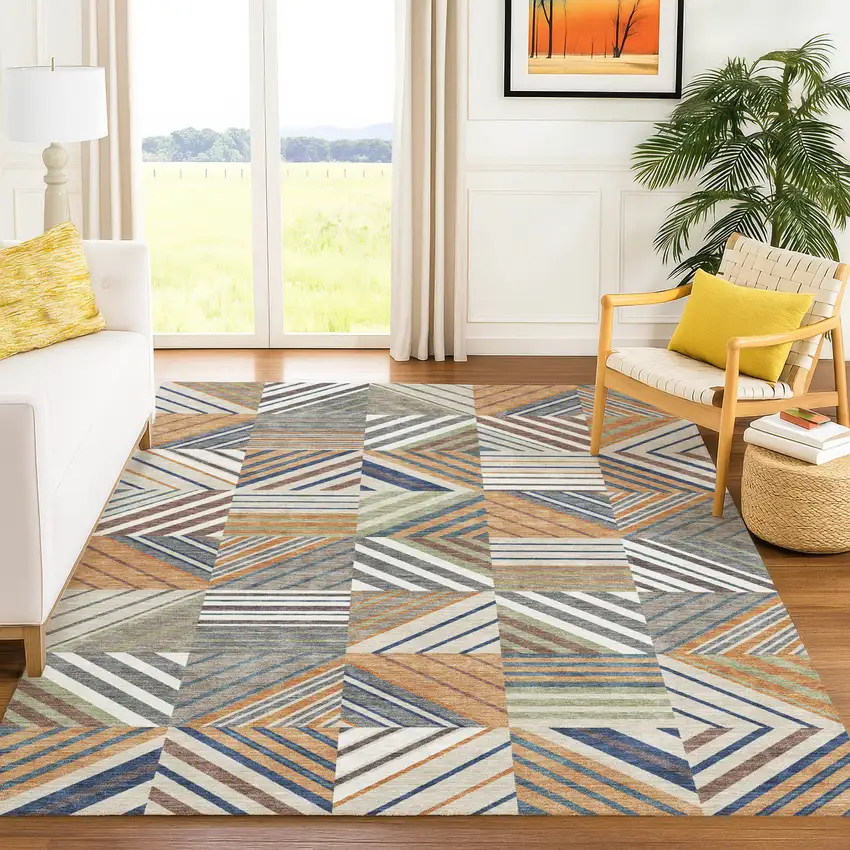 Copper Ivory And Blue Patchwork Washable Indoor Outdoor Area Rug Photo 5
