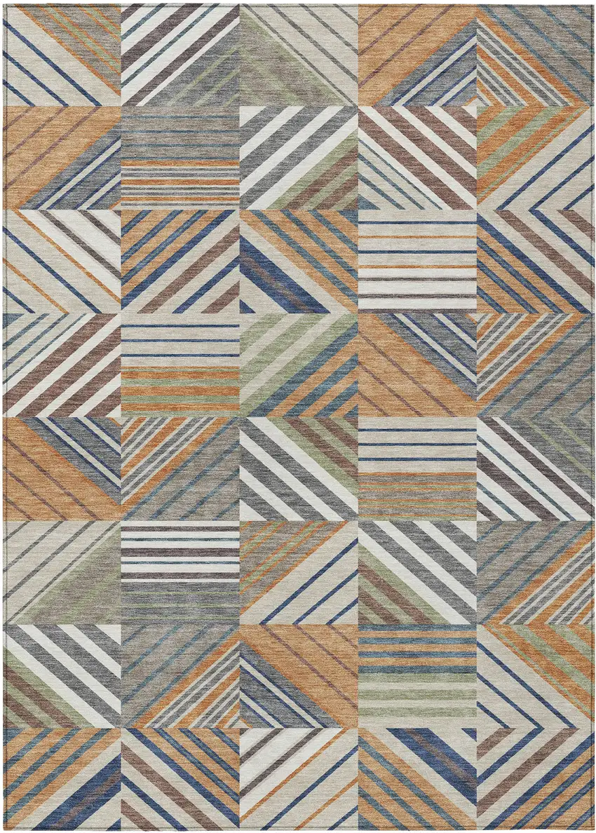 Copper Ivory And Blue Patchwork Washable Indoor Outdoor Area Rug Photo 9