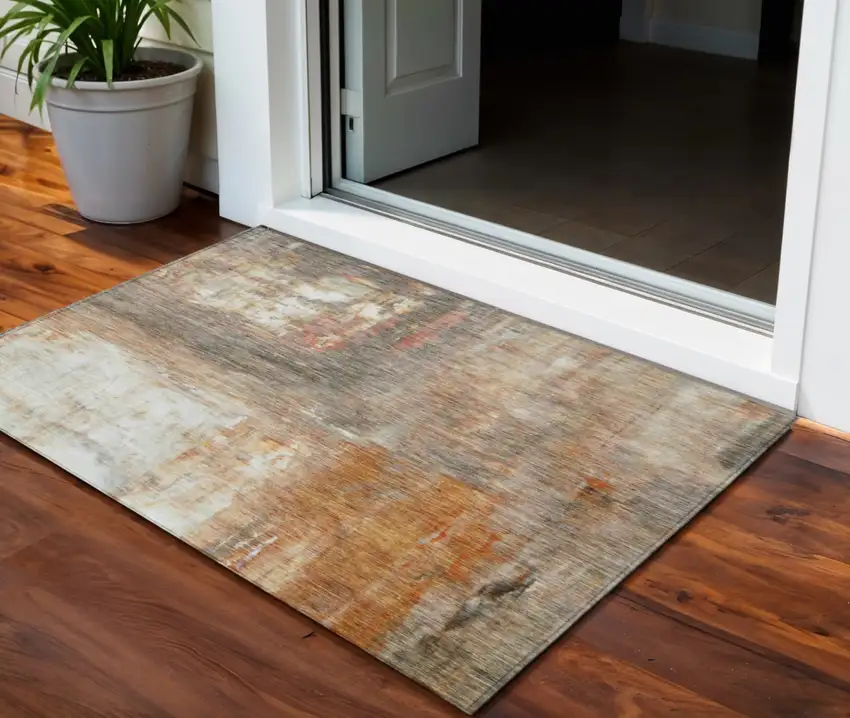Copper Ivory And Brown Abstract Washable Indoor Outdoor Area Rug Photo 1