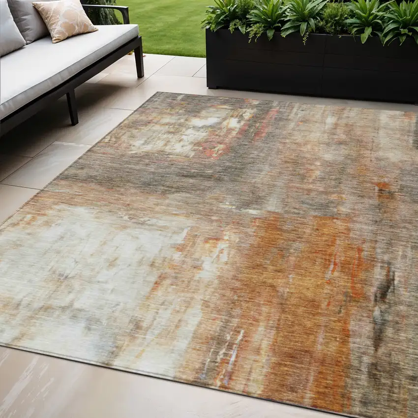 Copper Ivory And Brown Abstract Washable Indoor Outdoor Area Rug Photo 1