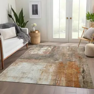 Photo of Copper Ivory And Brown Abstract Washable Indoor Outdoor Area Rug