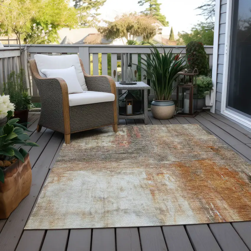 Copper Ivory And Brown Abstract Washable Indoor Outdoor Area Rug Photo 9