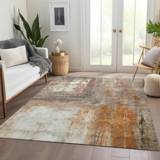 Copper Ivory And Brown Abstract Washable Indoor Outdoor Area Rug Photo 9