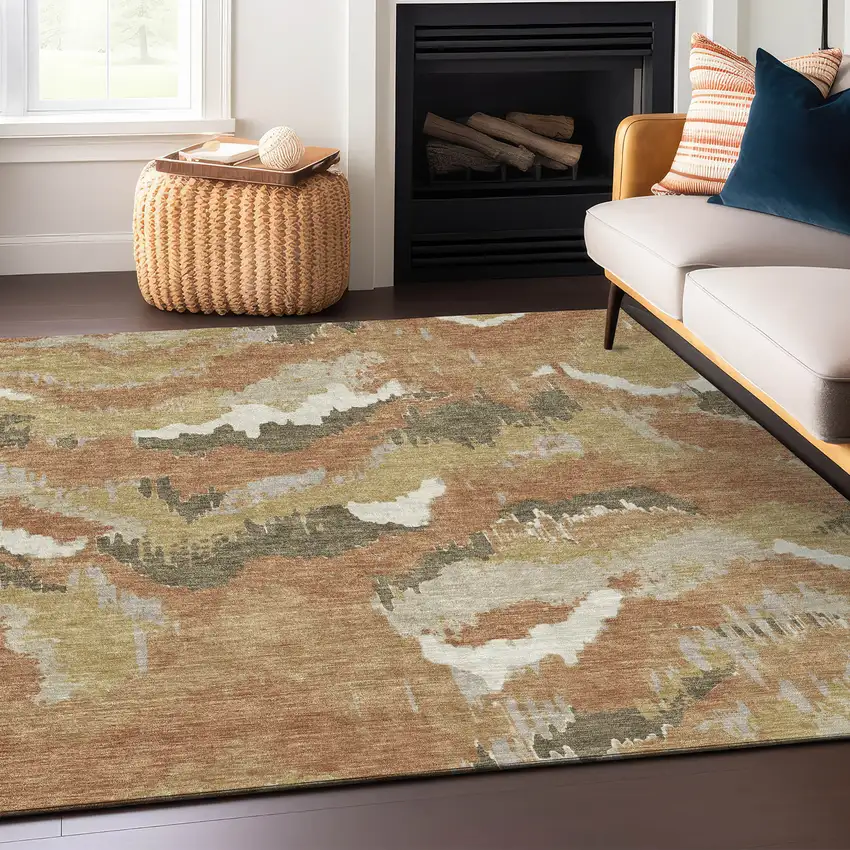 Copper Ivory And Brown Abstract Washable Indoor Outdoor Area Rug Photo 7