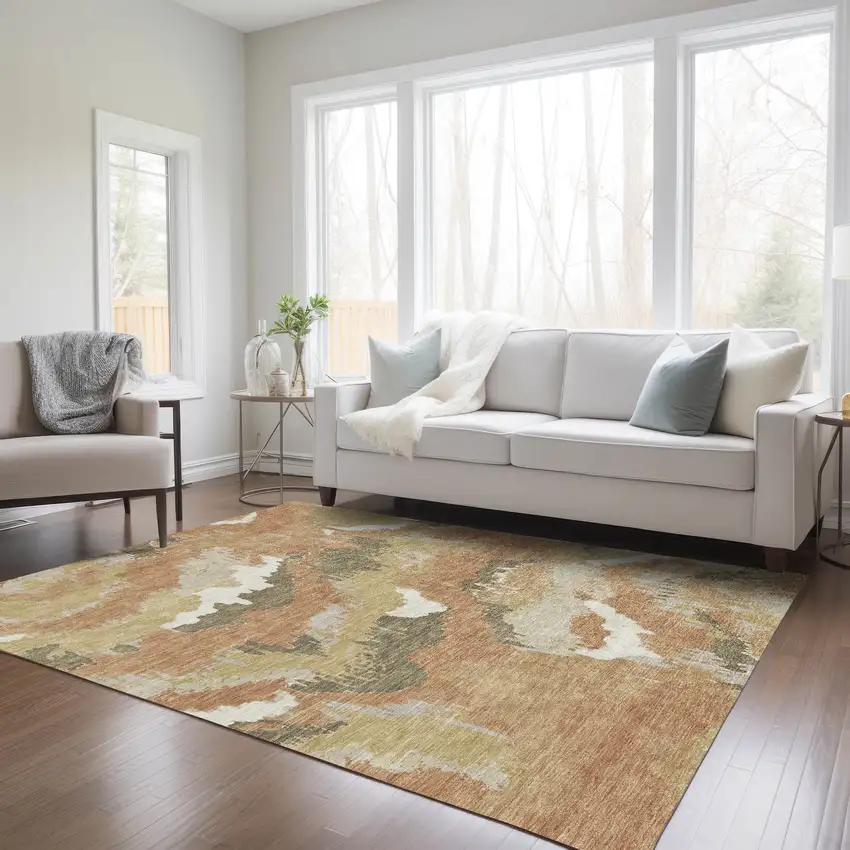 Copper Ivory And Brown Abstract Washable Indoor Outdoor Area Rug Photo 8