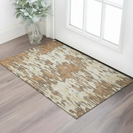 Copper Ivory And Brown Striped Washable Area Rug With UV Protection Photo 2