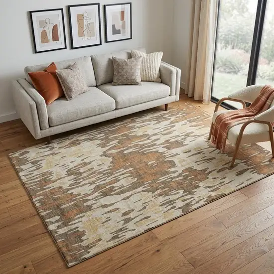 Copper Ivory And Brown Striped Washable Area Rug With UV Protection Photo 1