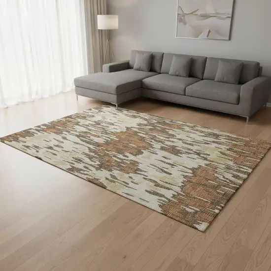 Copper Ivory And Brown Striped Washable Area Rug With UV Protection Photo 2