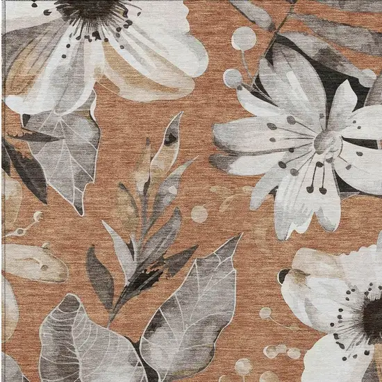 Copper Ivory And Charcoal Floral Washable Indoor Outdoor Area Rug Photo 6