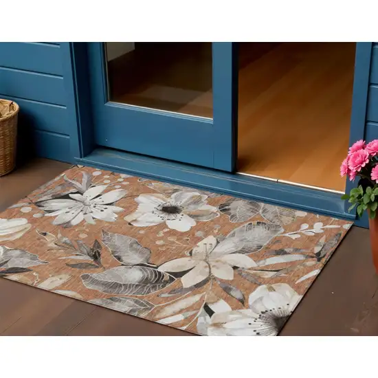 Copper Ivory And Charcoal Floral Washable Indoor Outdoor Area Rug Photo 1