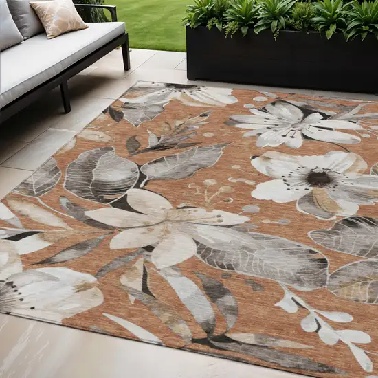Copper Ivory And Charcoal Floral Washable Indoor Outdoor Area Rug Photo 1