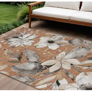 Photo of Copper Ivory And Charcoal Floral Washable Indoor Outdoor Area Rug
