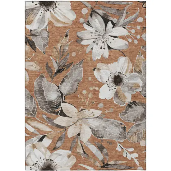 Copper Ivory And Charcoal Floral Washable Indoor Outdoor Area Rug Photo 2