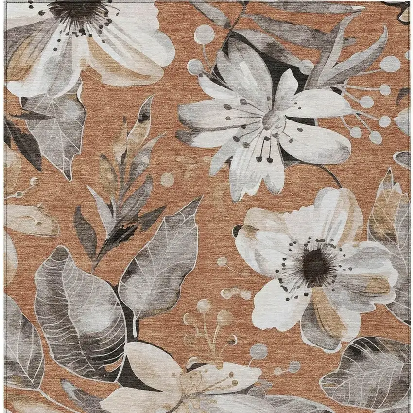 Copper Ivory And Charcoal Floral Washable Indoor Outdoor Area Rug Photo 4