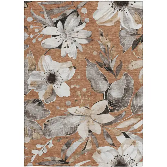 Copper Ivory And Charcoal Floral Washable Indoor Outdoor Area Rug Photo 5