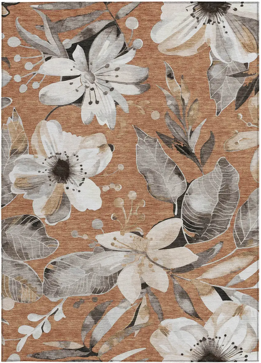 Copper Ivory And Charcoal Floral Washable Indoor Outdoor Area Rug Photo 5