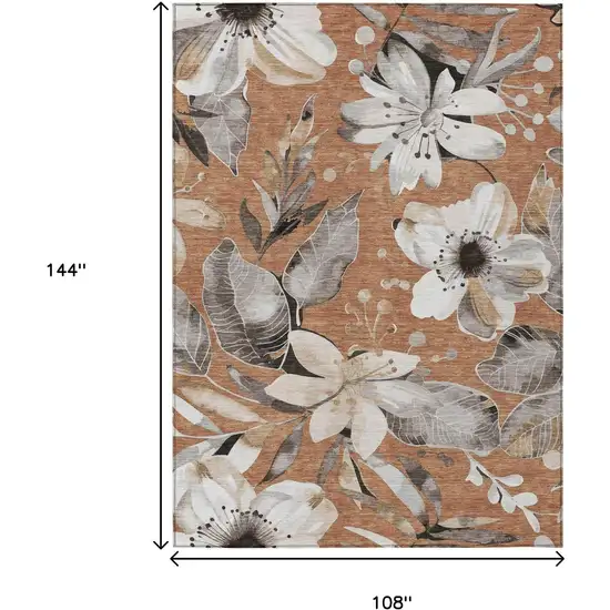 Copper Ivory And Charcoal Floral Washable Indoor Outdoor Area Rug Photo 3