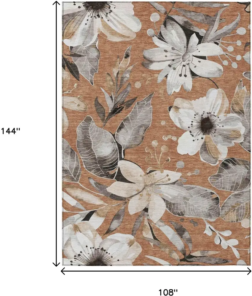 Copper Ivory And Charcoal Floral Washable Indoor Outdoor Area Rug Photo 3