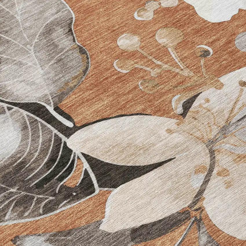 Copper Ivory And Charcoal Floral Washable Indoor Outdoor Area Rug Photo 7