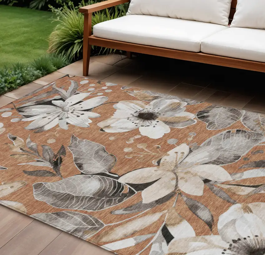 Copper Ivory And Charcoal Floral Washable Indoor Outdoor Area Rug Photo 1