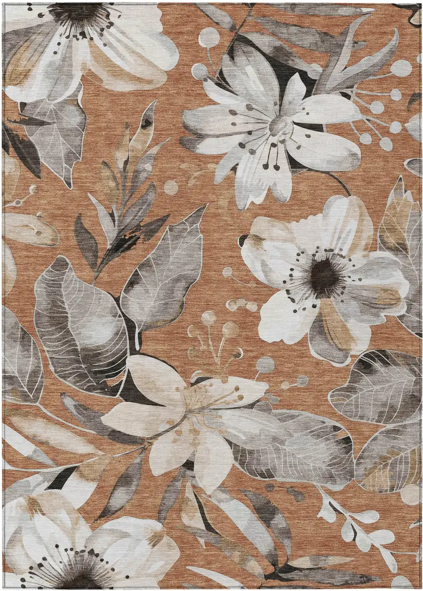 Copper Ivory And Charcoal Floral Washable Indoor Outdoor Area Rug Photo 2