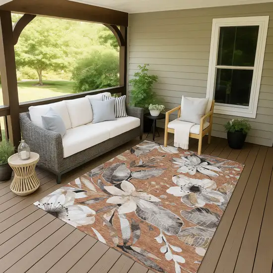 Copper Ivory And Charcoal Floral Washable Indoor Outdoor Area Rug Photo 8