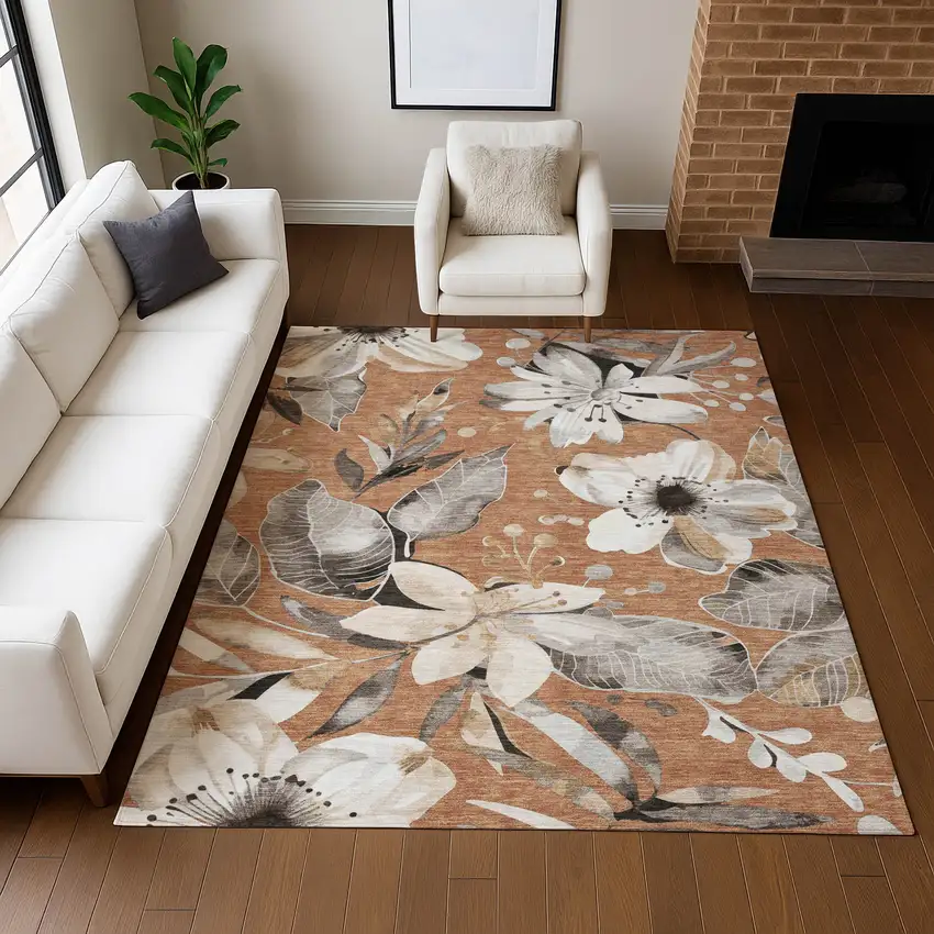 Copper Ivory And Charcoal Floral Washable Indoor Outdoor Area Rug Photo 9
