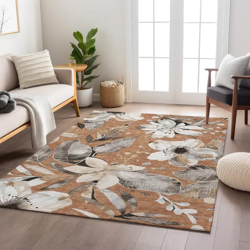 Copper Ivory And Charcoal Floral Washable Indoor Outdoor Area Rug Photo 9