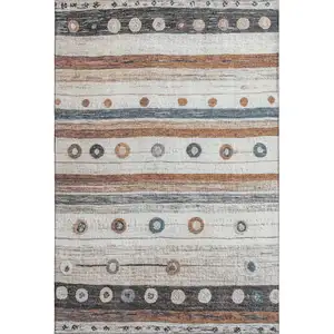 Photo of Copper Ivory And Denim Blue Striped Washable Area Rug With UV Protection