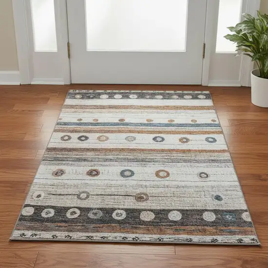 Copper Ivory And Denim Blue Striped Washable Area Rug With UV Protection Photo 2