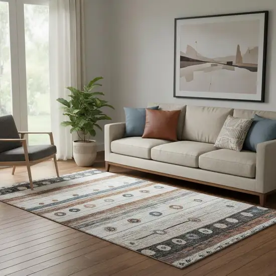 Copper Ivory And Denim Blue Striped Washable Area Rug With UV Protection Photo 2