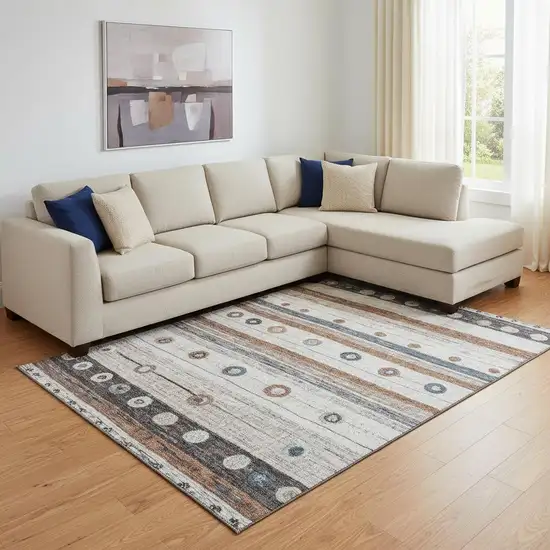 Copper Ivory And Denim Blue Striped Washable Area Rug With UV Protection Photo 2