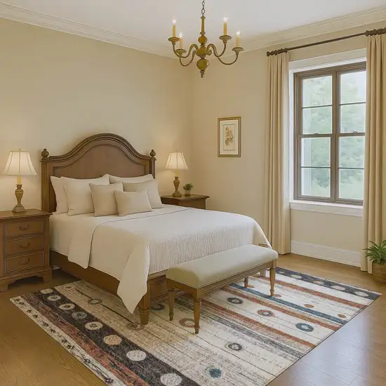 Copper Ivory And Denim Blue Striped Washable Area Rug With UV Protection Photo 6