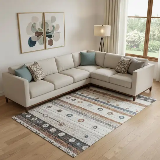 Copper Ivory And Denim Blue Striped Washable Area Rug With UV Protection Photo 2