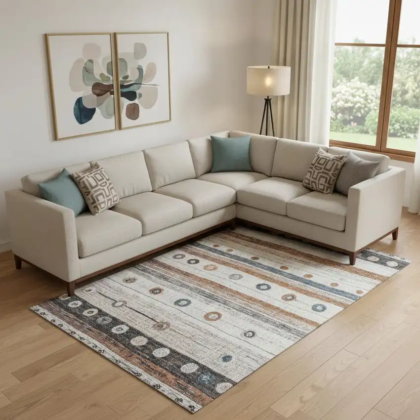 Copper Ivory And Denim Blue Striped Washable Area Rug With UV Protection Photo 2