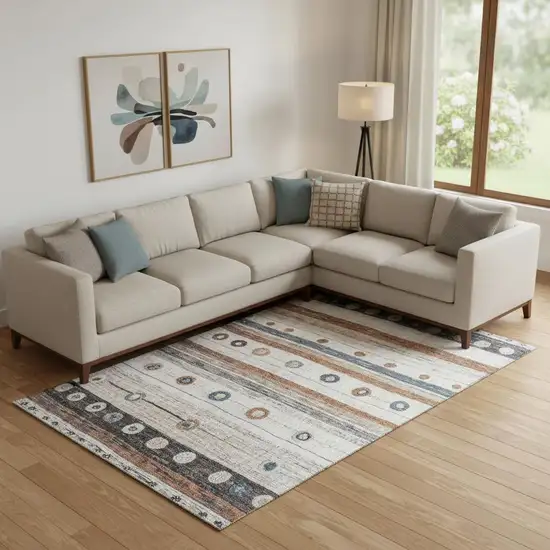 Copper Ivory And Denim Blue Striped Washable Area Rug With UV Protection Photo 2