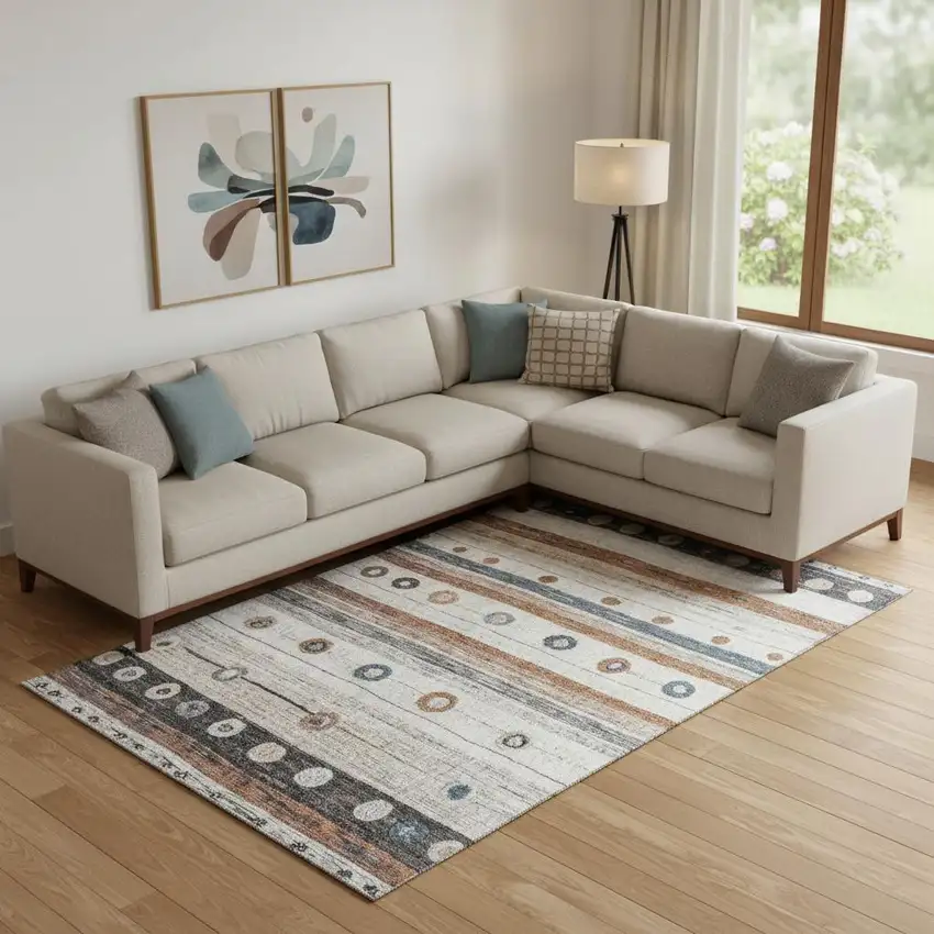 Copper Ivory And Denim Blue Striped Washable Area Rug With UV Protection Photo 2