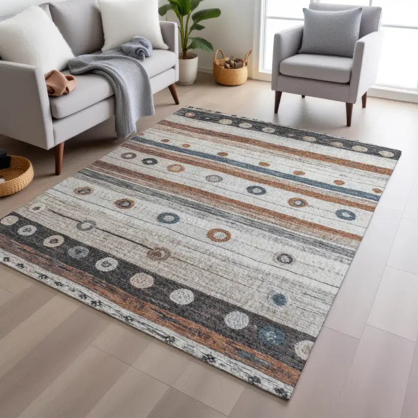 Copper Ivory And Denim Blue Striped Washable Indoor Outdoor Area Rug Photo 6