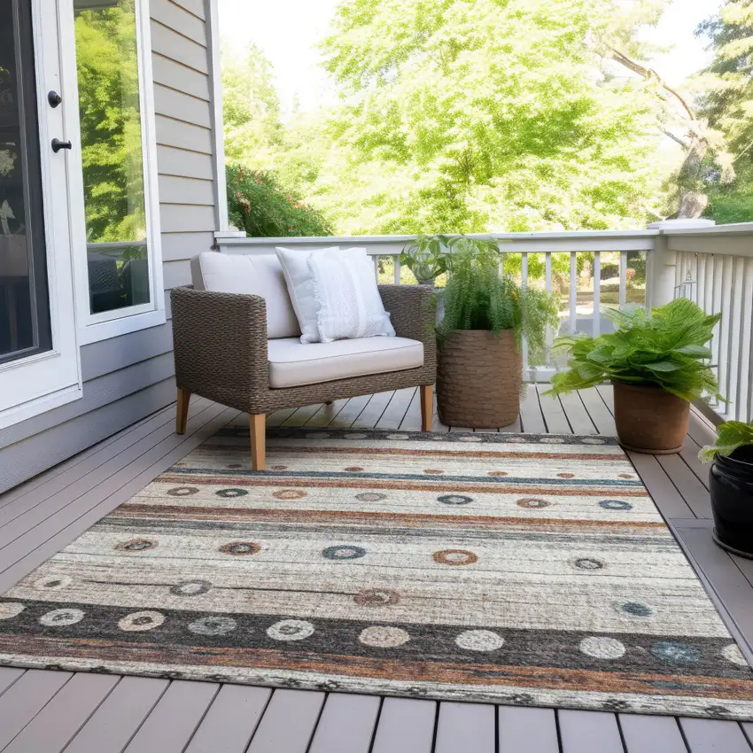 Copper Ivory And Denim Blue Striped Washable Indoor Outdoor Area Rug Photo 8