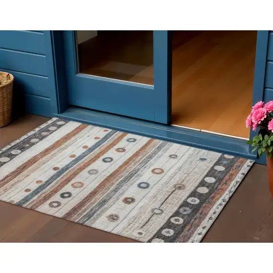 Copper Ivory And Denim Blue Striped Washable Indoor Outdoor Area Rug Photo 2