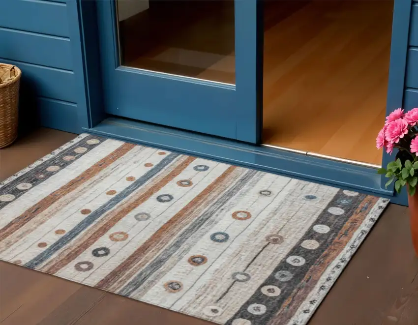 Copper Ivory And Denim Blue Striped Washable Indoor Outdoor Area Rug Photo 2