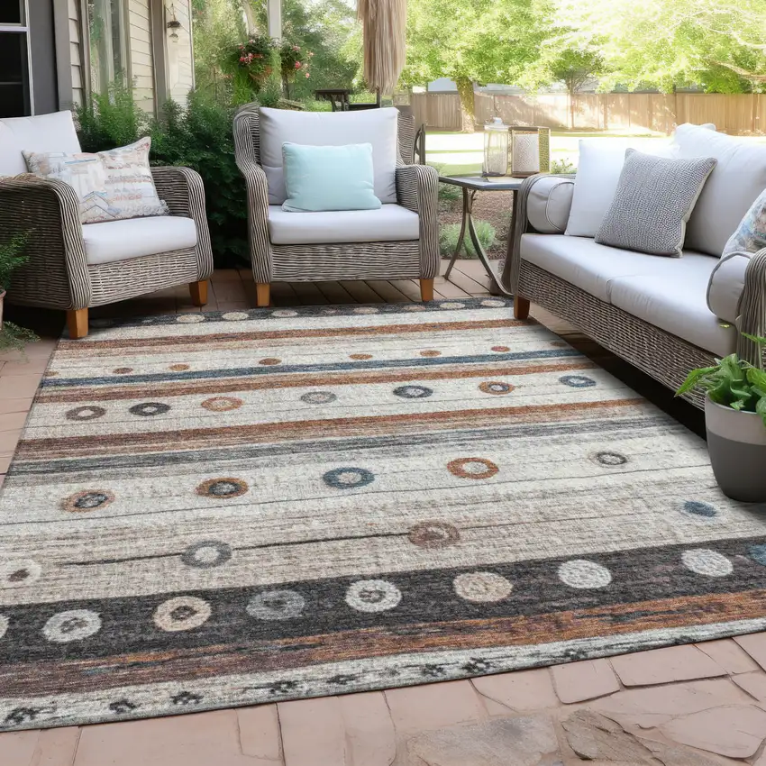 Copper Ivory And Denim Blue Striped Washable Indoor Outdoor Area Rug Photo 5