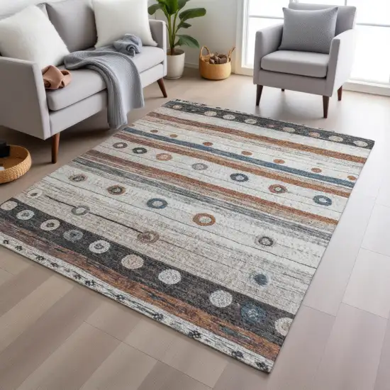 Copper Ivory And Denim Blue Striped Washable Indoor Outdoor Area Rug Photo 6