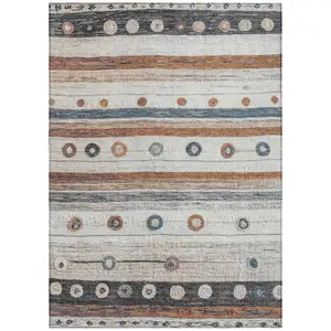 Photo of Copper Ivory And Denim Blue Striped Washable Indoor Outdoor Area Rug