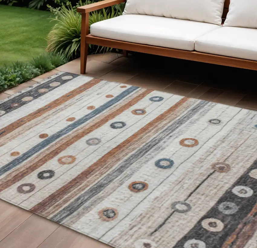 Copper Ivory And Denim Blue Striped Washable Indoor Outdoor Area Rug Photo 2