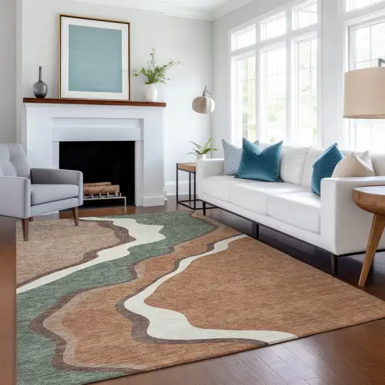 Copper Ivory And Fern Green Abstract Washable Indoor Outdoor Area Rug Photo 6