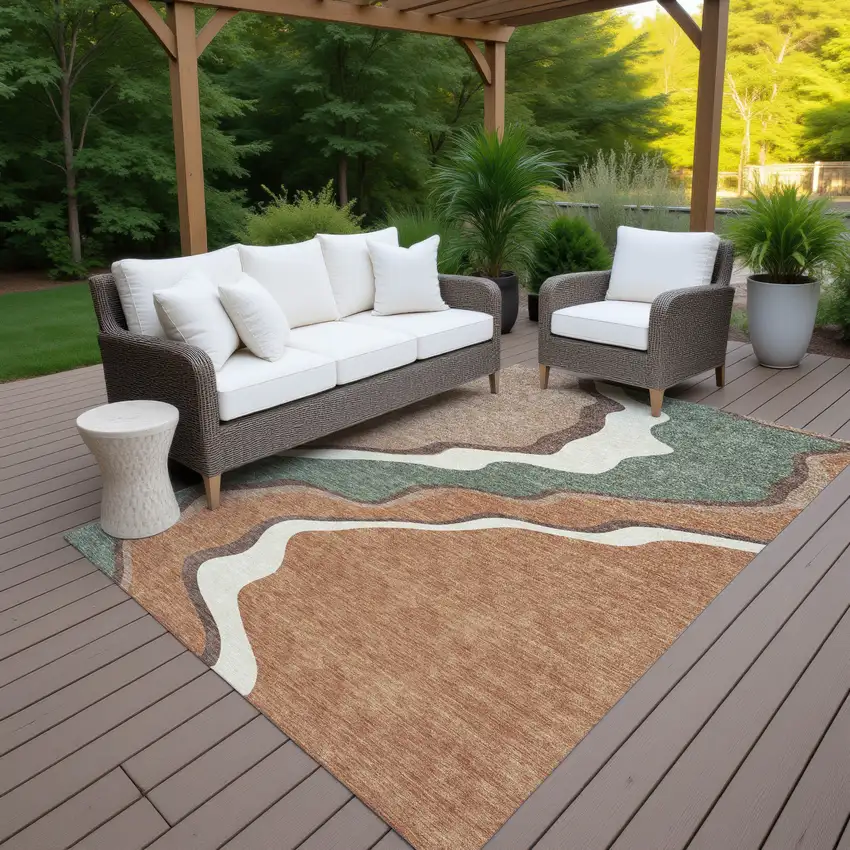 Copper Ivory And Fern Green Abstract Washable Indoor Outdoor Area Rug Photo 7