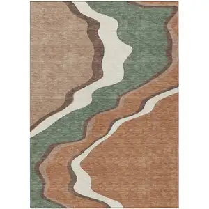Photo of Copper Ivory And Fern Green Abstract Washable Indoor Outdoor Area Rug