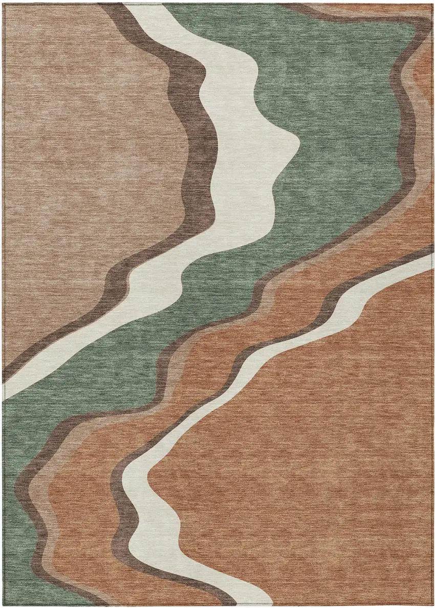 Copper Ivory And Fern Green Abstract Washable Indoor Outdoor Area Rug Photo 1